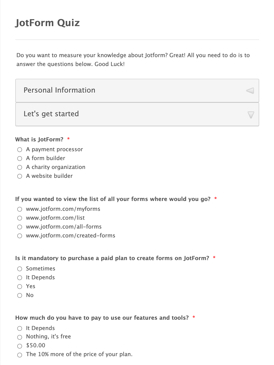 Modelo de Quiz da Jotform