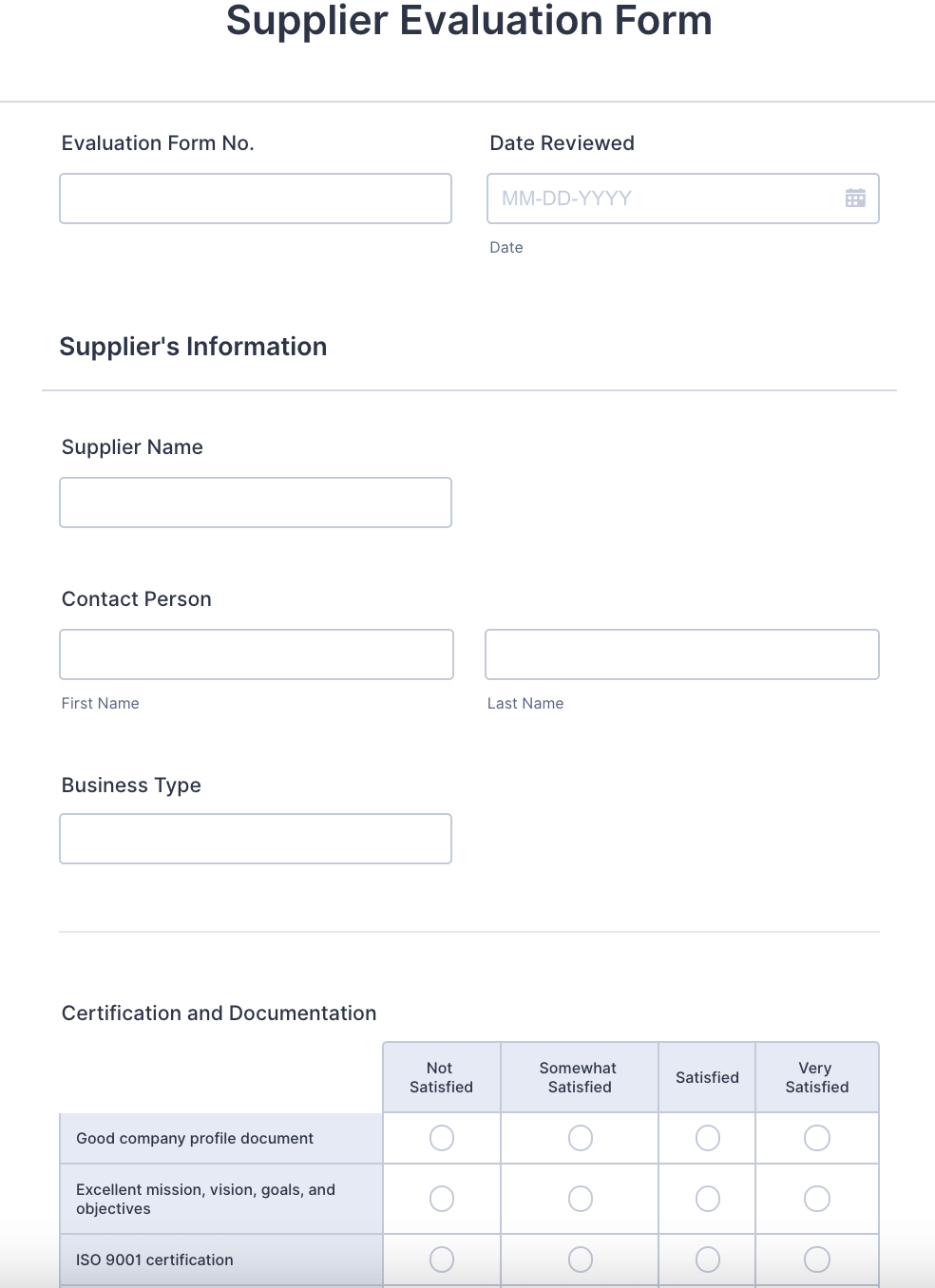 Supplier Evaluation Form screenshot