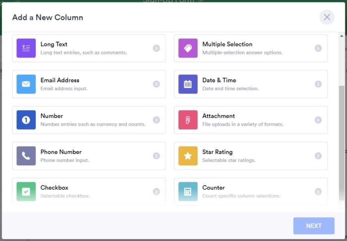 Jotform Tables Add a New Column Window