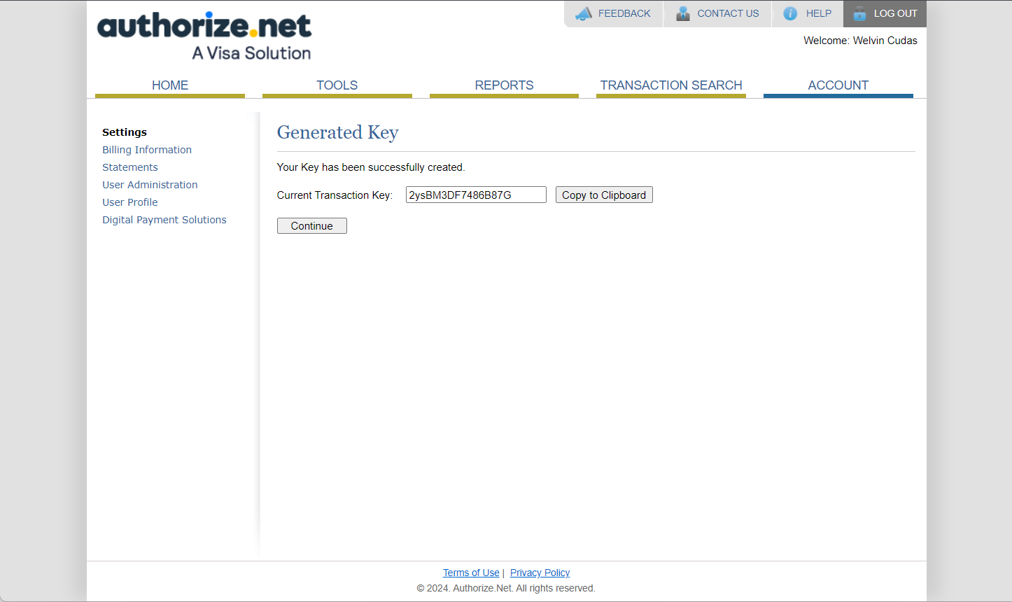 Generierter Transaktionsschlüssel in den API-Anmeldeinformationen-Einstellungen von Authorize