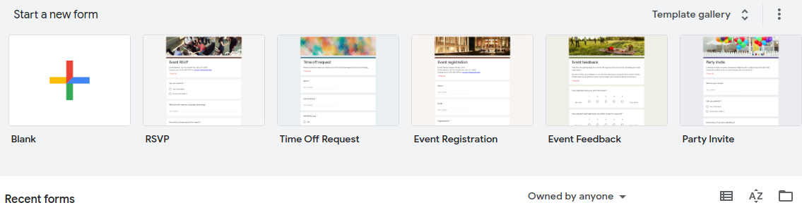 Form template selection screen with recent forms options