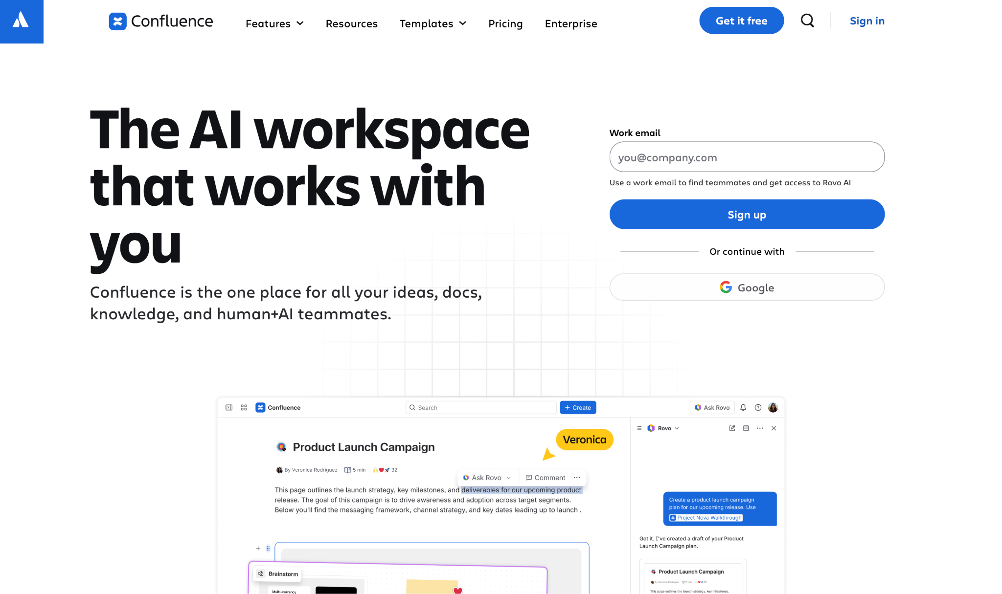 Confluence website with the words: "The AI workspace that works with you"