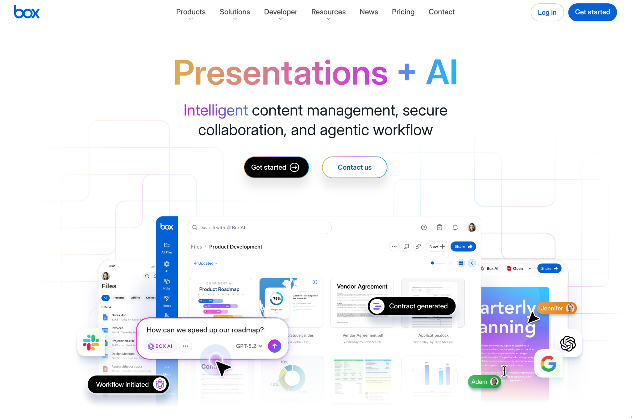Box website with the words: "Intelligent content management, secure collaboration, and agentic workflow"