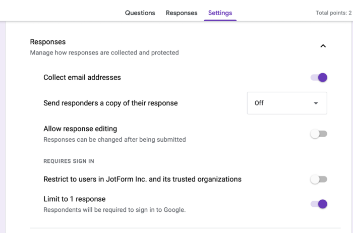 google form response settings