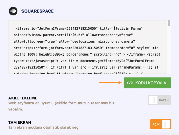 Formu Squarespace’e Eklemek Image-3