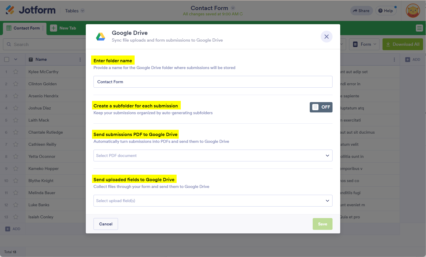 Google Drive Setup Option in Jotform Tables