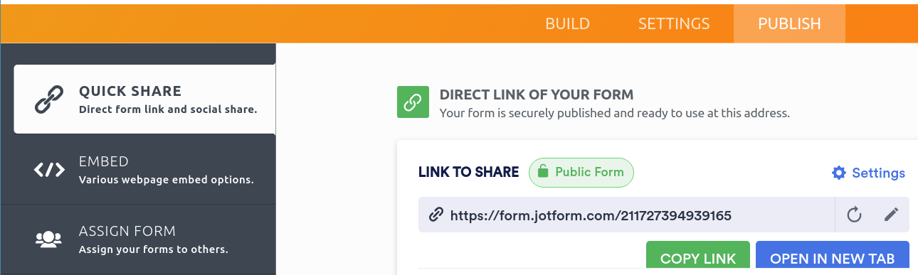 Quick Share Options Under the Publish tab in Jotform Form Builder