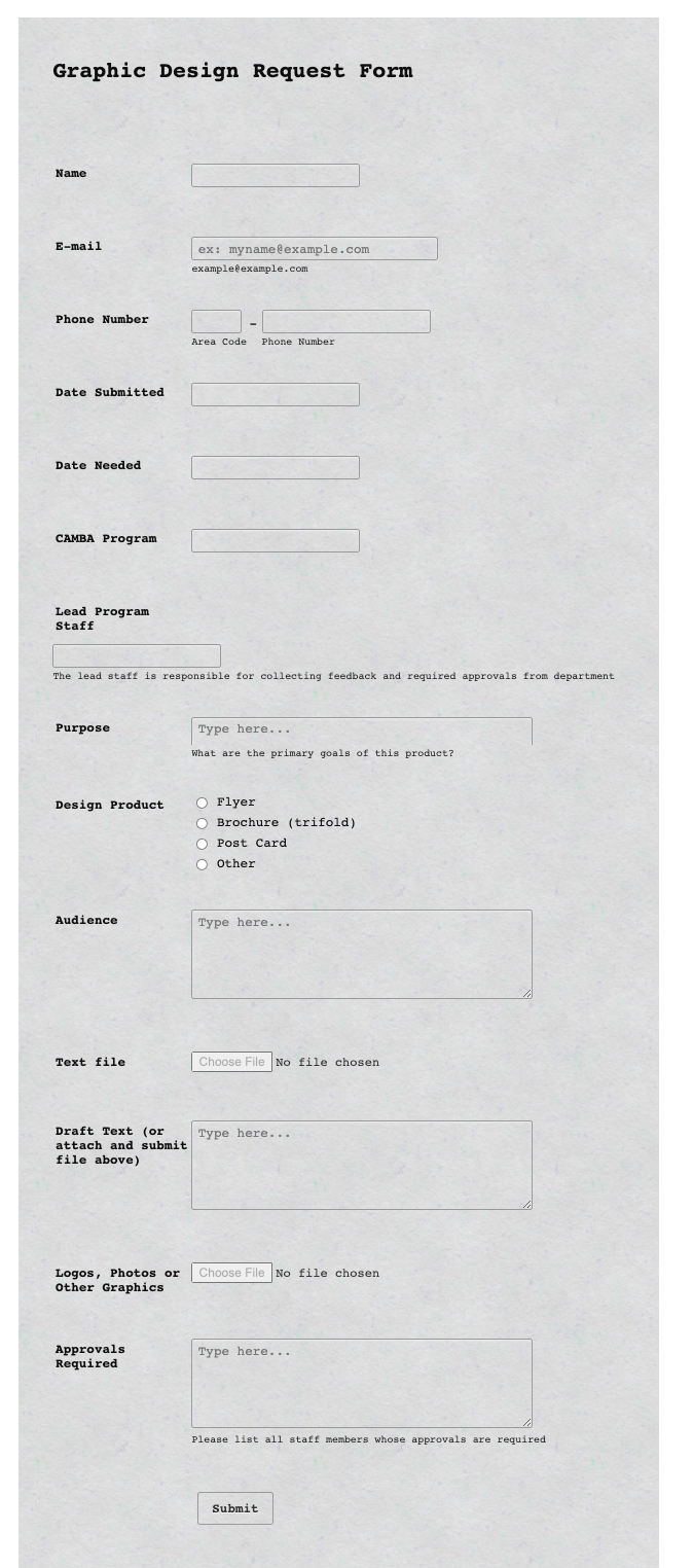 Graphic design request form on paper