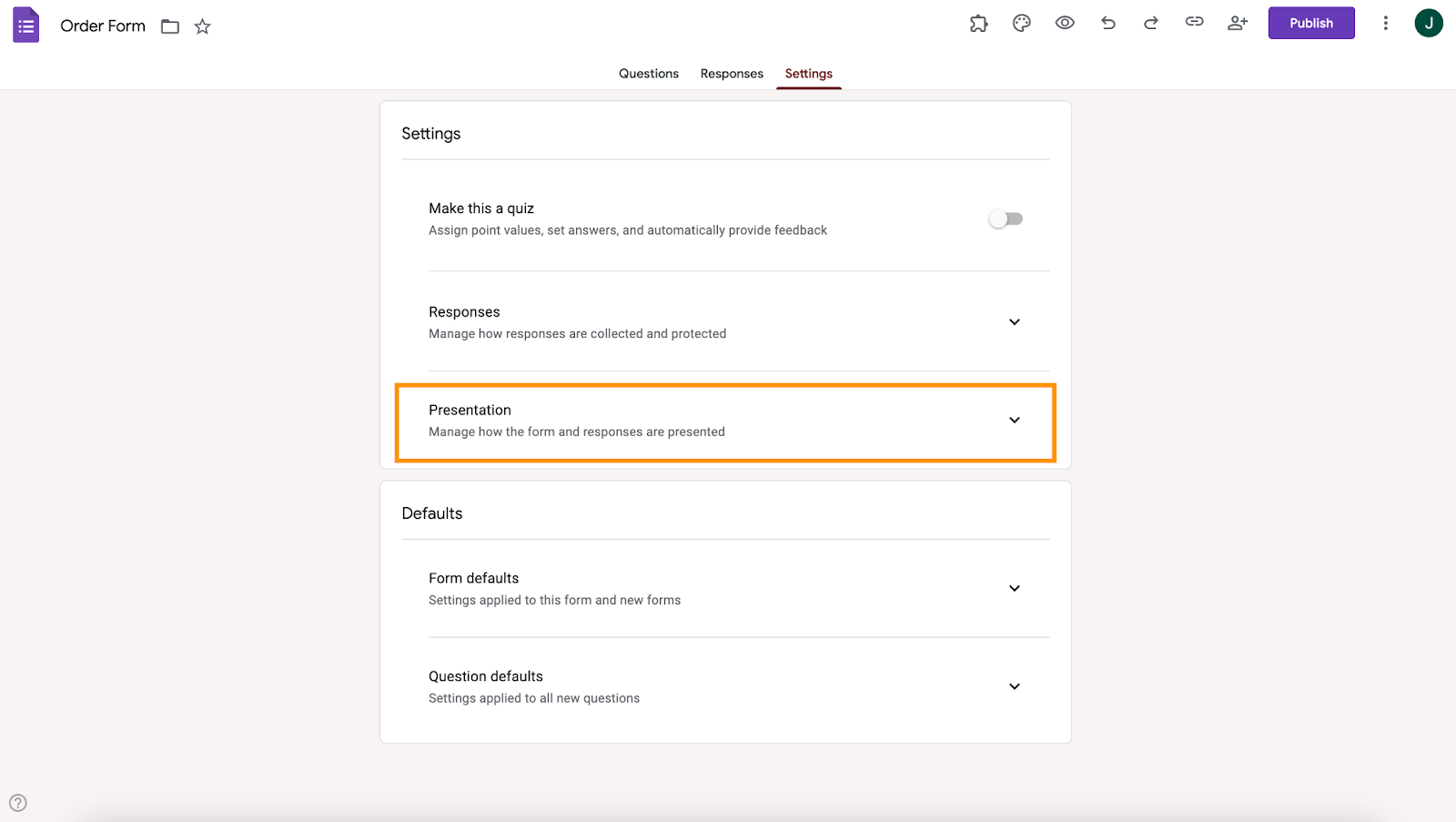 Selecting the Presentation option under the Settings in Google Forms