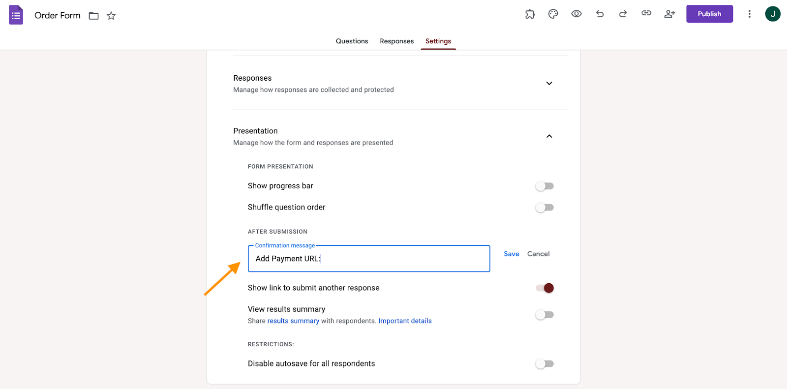 Customizing the message as "Add Payment URL:" in the Presentation tab