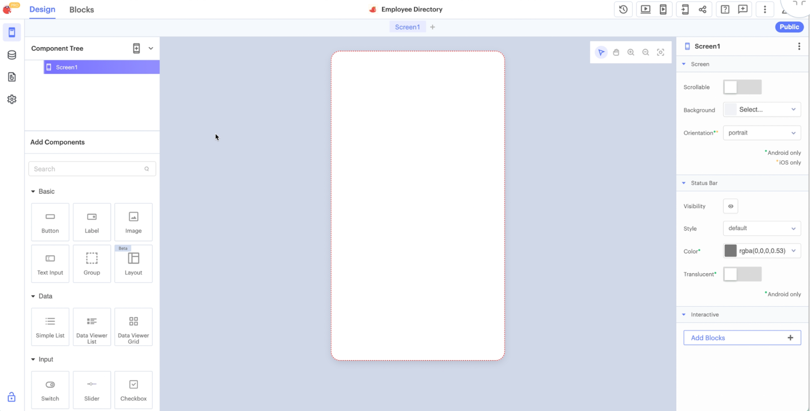 User Interface of Thunkable