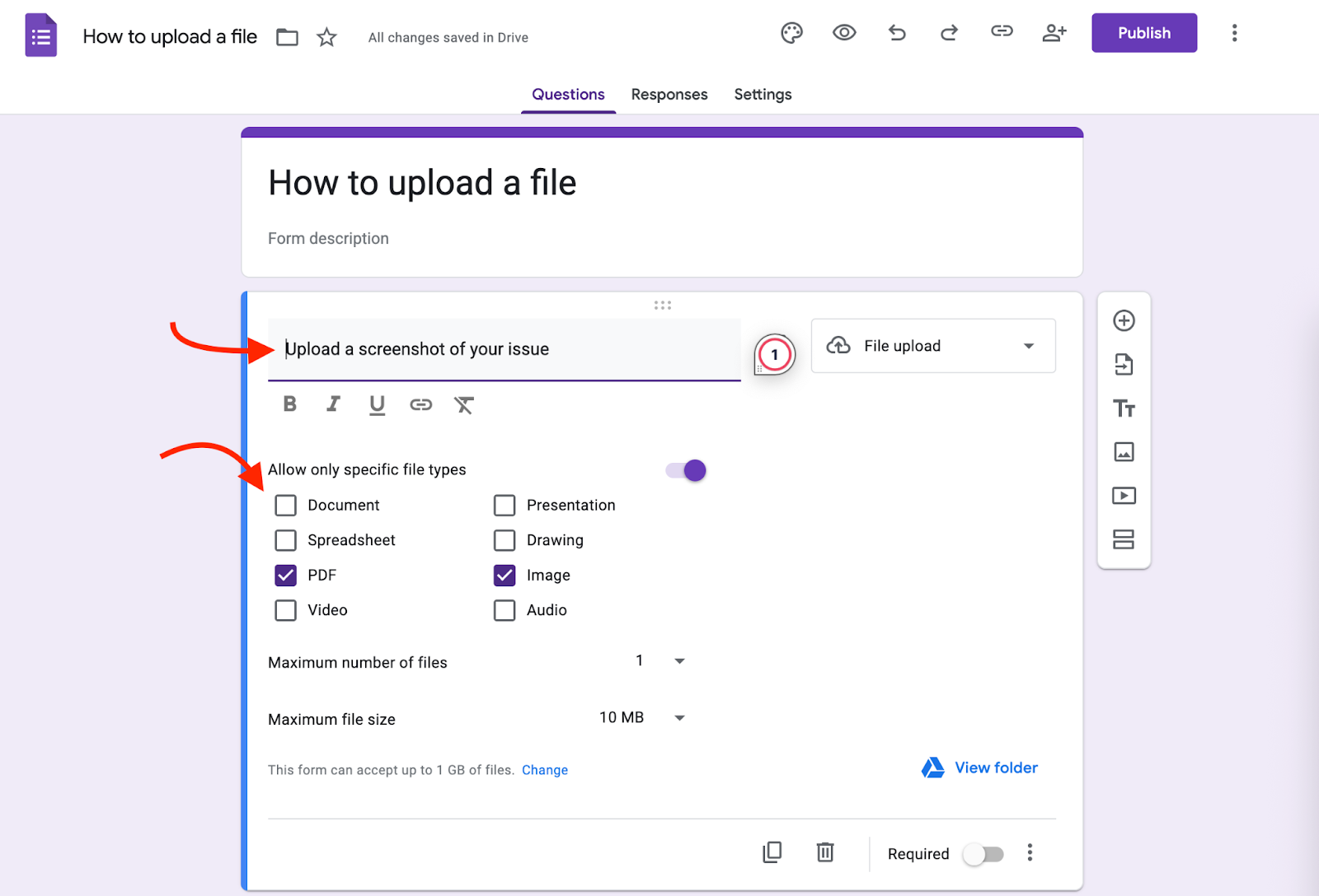 Google Forms Form Designer File Upload Field Customization