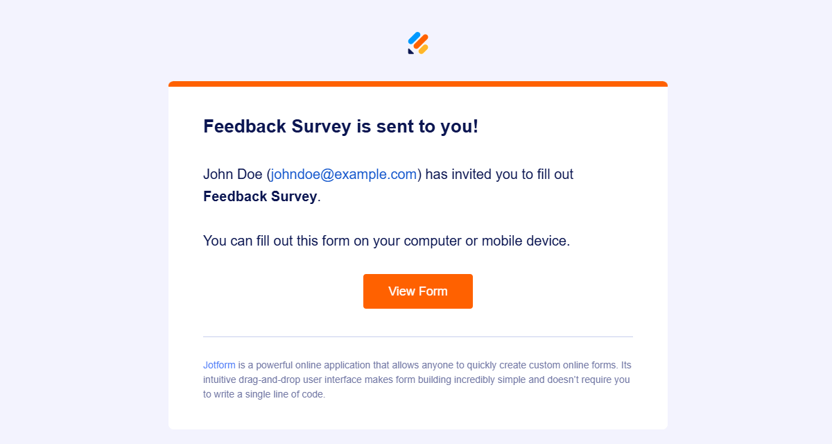 Invitation email to fill out form of Jotform