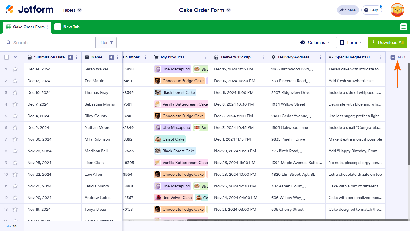 Add Column button in Jotform Tables