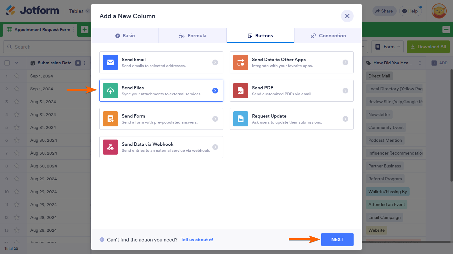 Send Files option in the Buttons tab of the Add New Column window in Jotform Tables