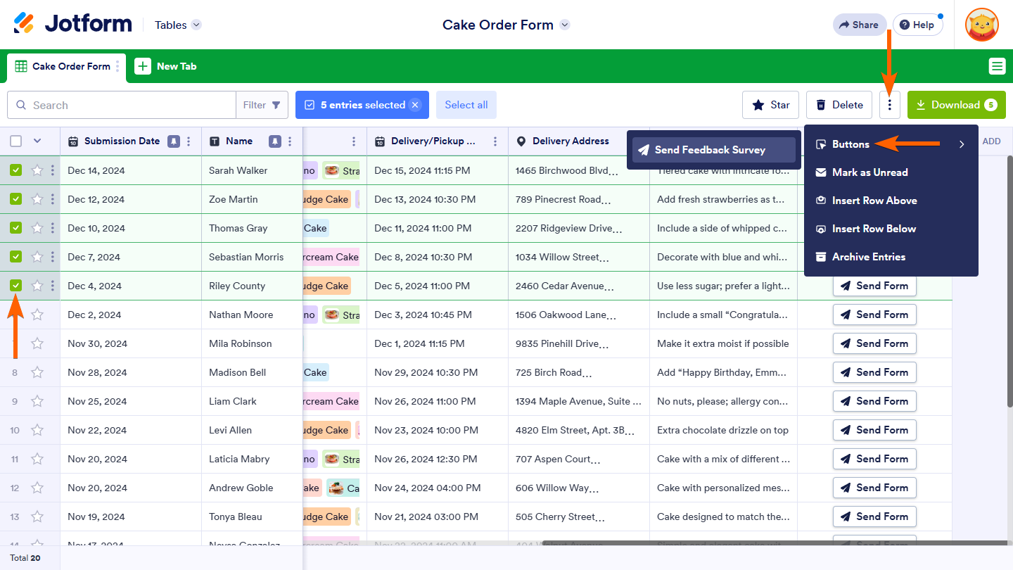 Send Form option in the Buttons option of the Multiple Entry menu in Jotform Tables