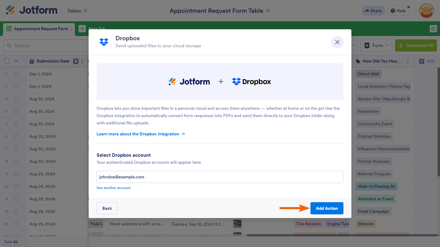 Add Action button in the Dropbox window of the Send Files action button in Jotform Tables