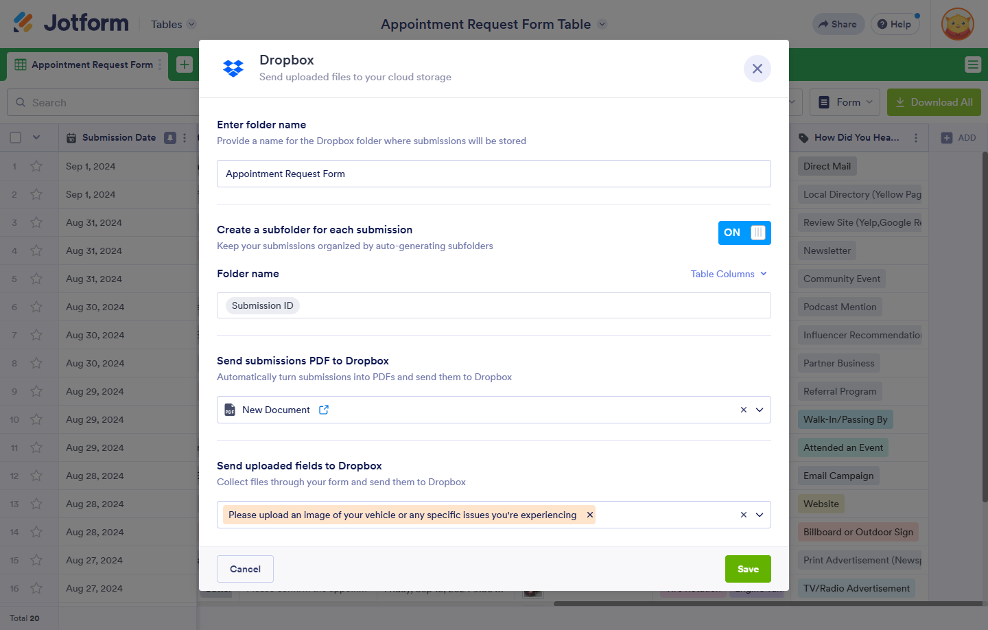 Dropbox Integration Settings window for the Send Files action button in Jotform Tables