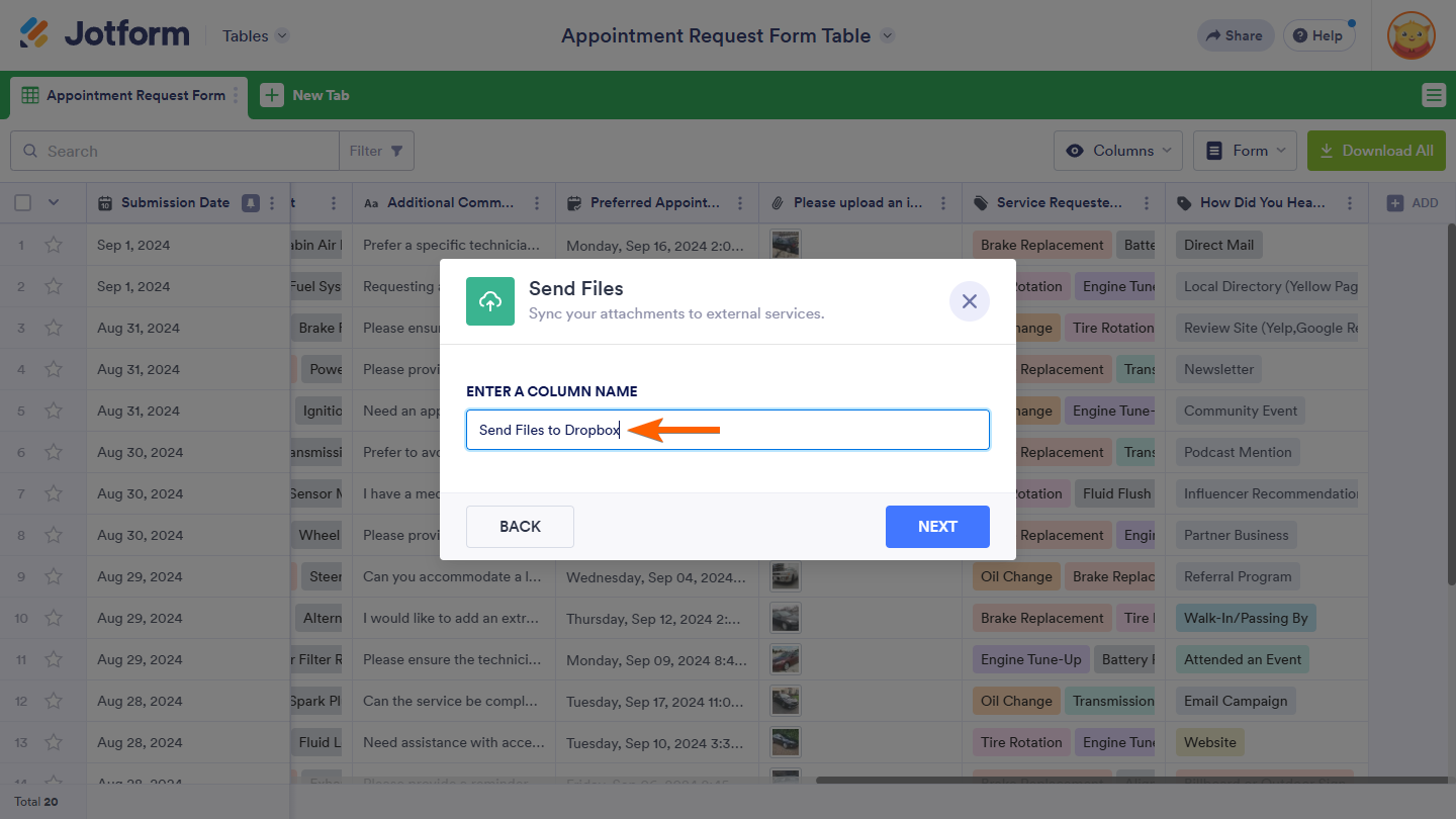 Enter a Column Name setting on the Send Files window in Jotform Tables