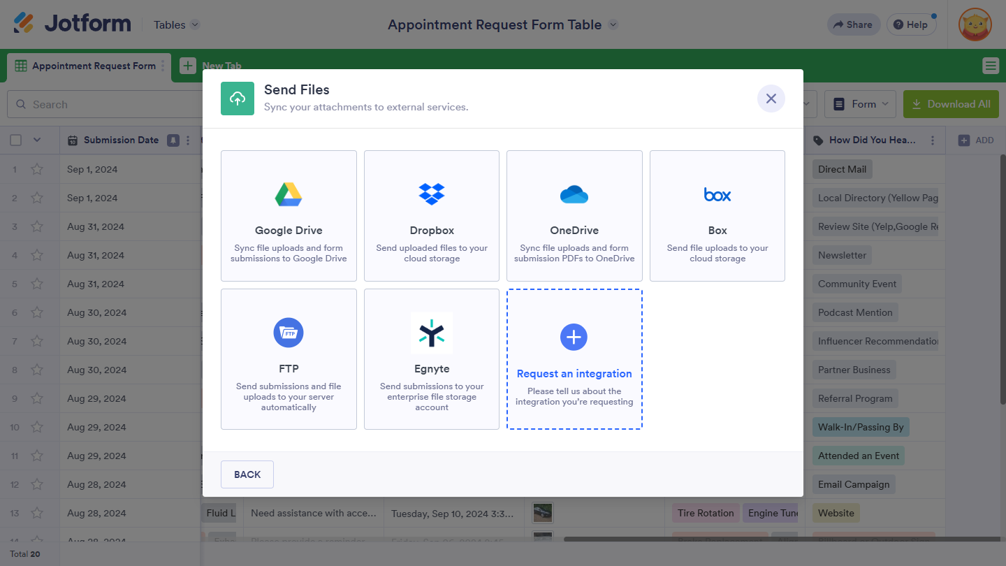 Available third-party file storage applications in the Send Files window in Jotform Tables