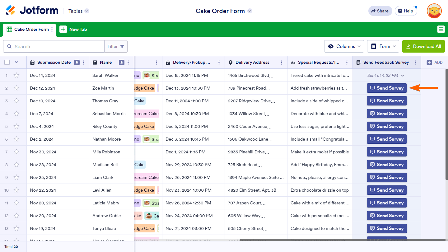 Customized Send Form button under the Send Form Action Button column in Jotform Tables
