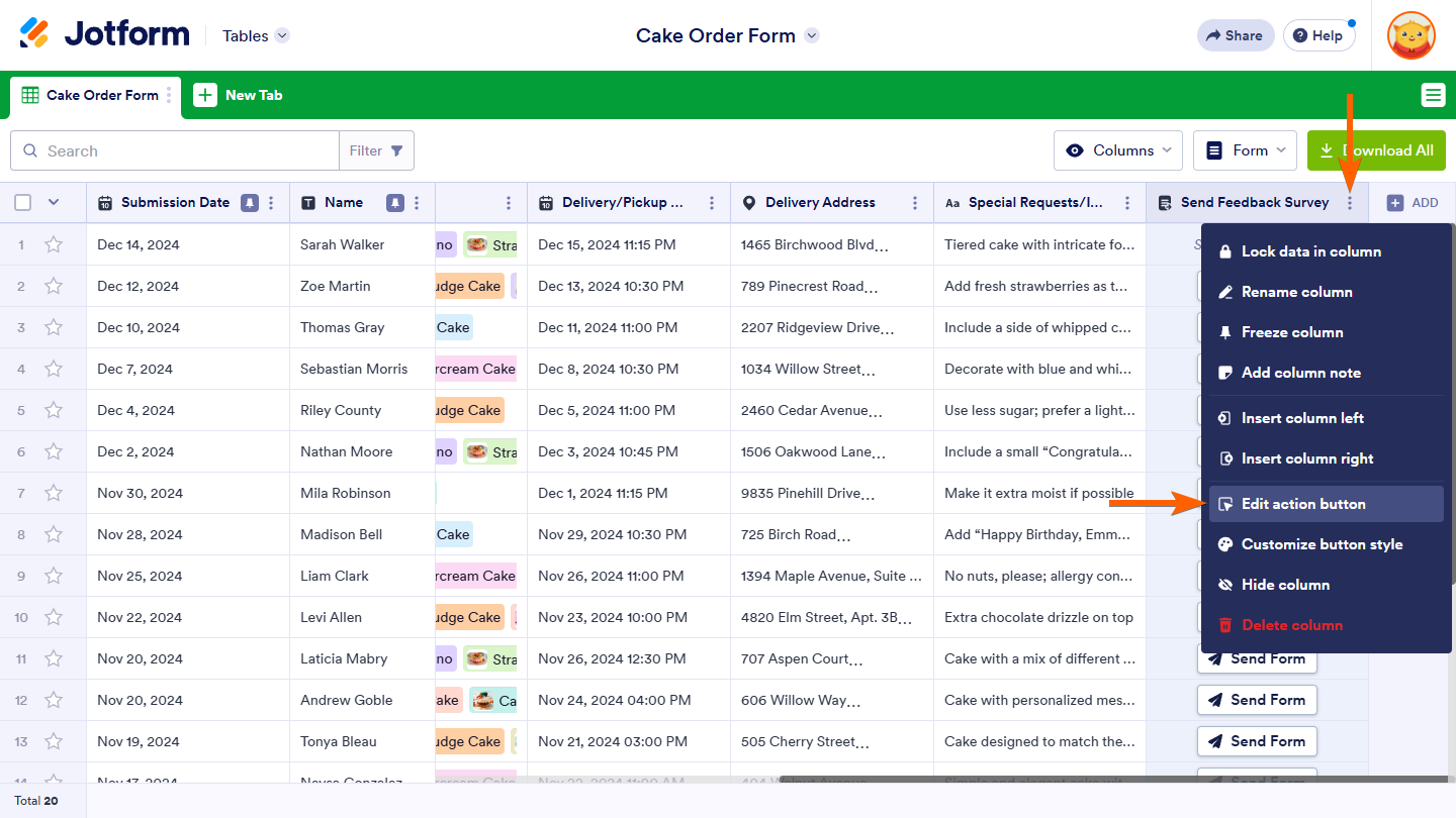 Edit action button option of the Send Form Action Button column menu in Jotform Tables