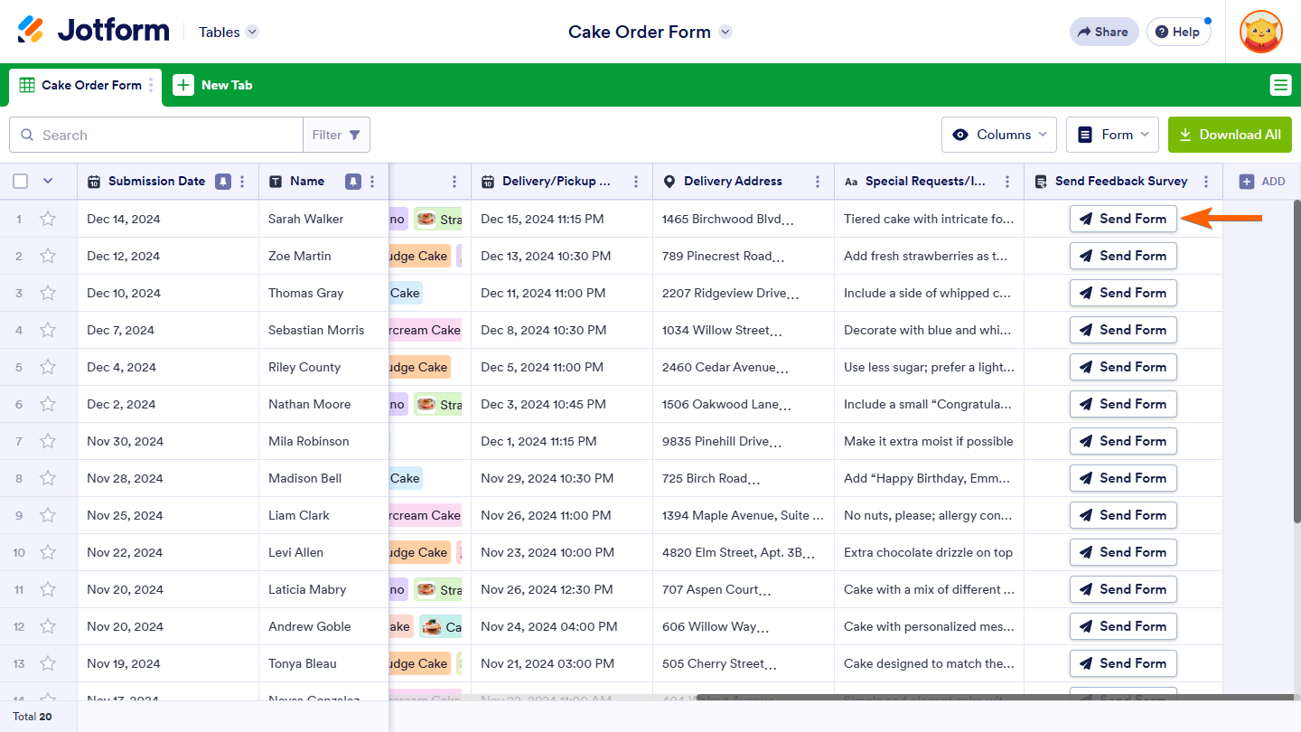 Send Form button under the Send Form Action Button column in Jotform Tables