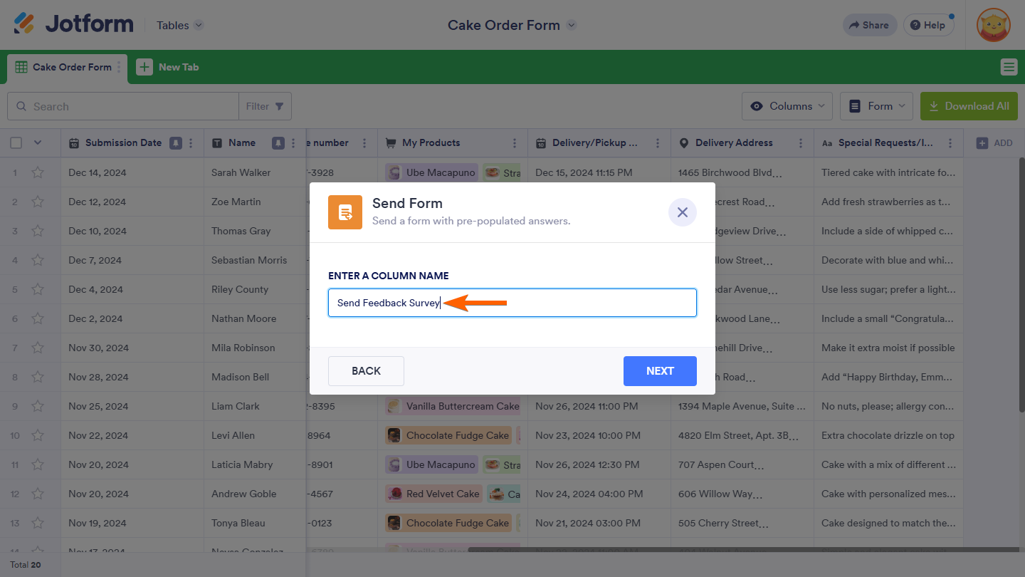 Enter a Column Name input box of the Send Form window in Jotform Tables