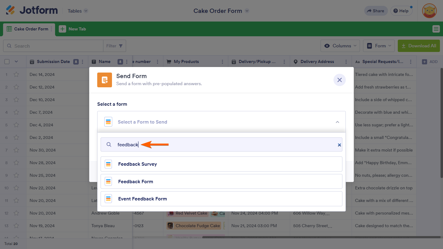Select a Form dropdown of the Send Form window in Jotform Tables