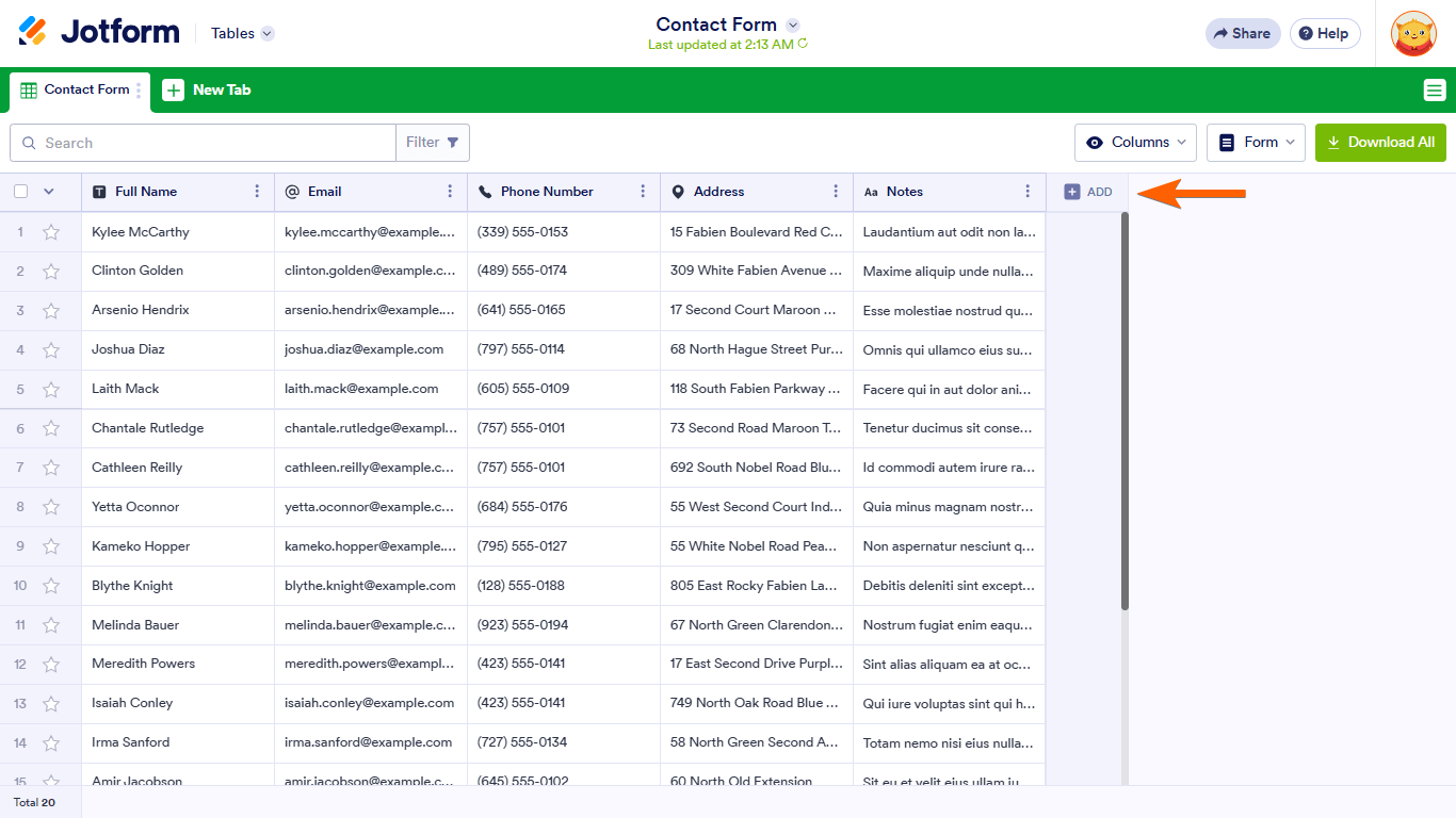 An Add Column button in Jotform Tables
