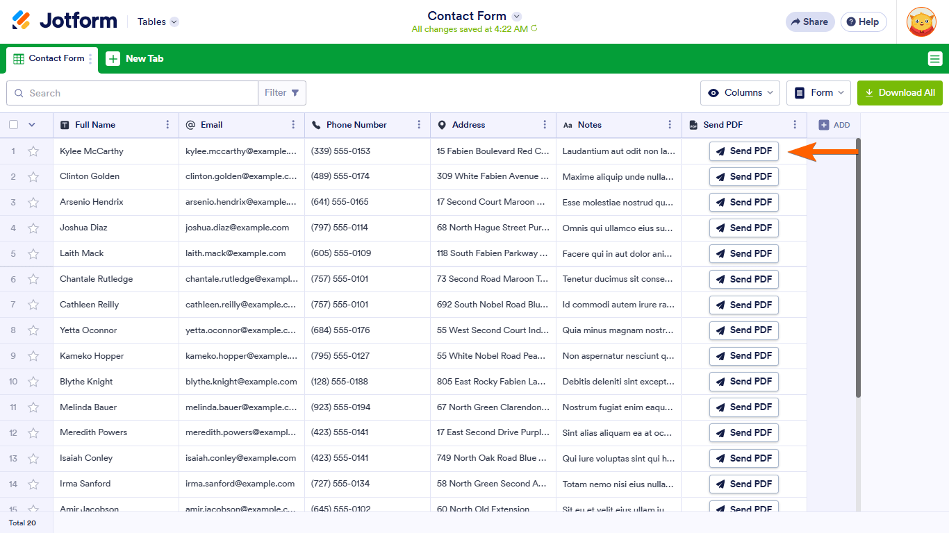 A Send PDF action button in Jotform Tables