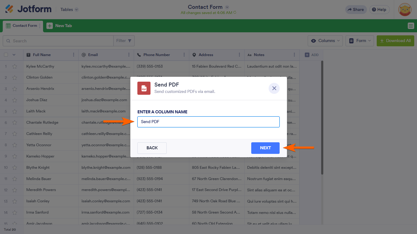 A Column Name field in a Jotform Tables Send PDF dialog