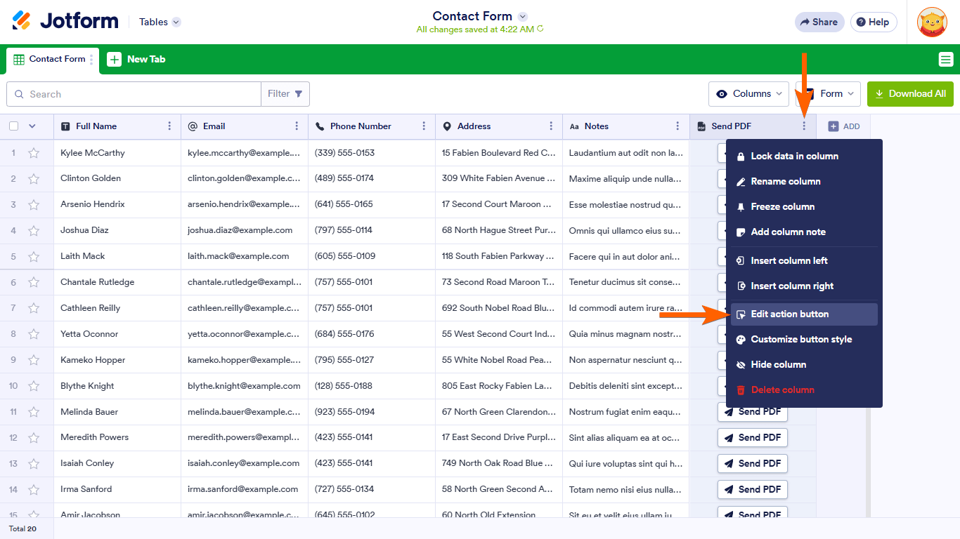 An Edit Action Button option in a Jotform Tables column menu