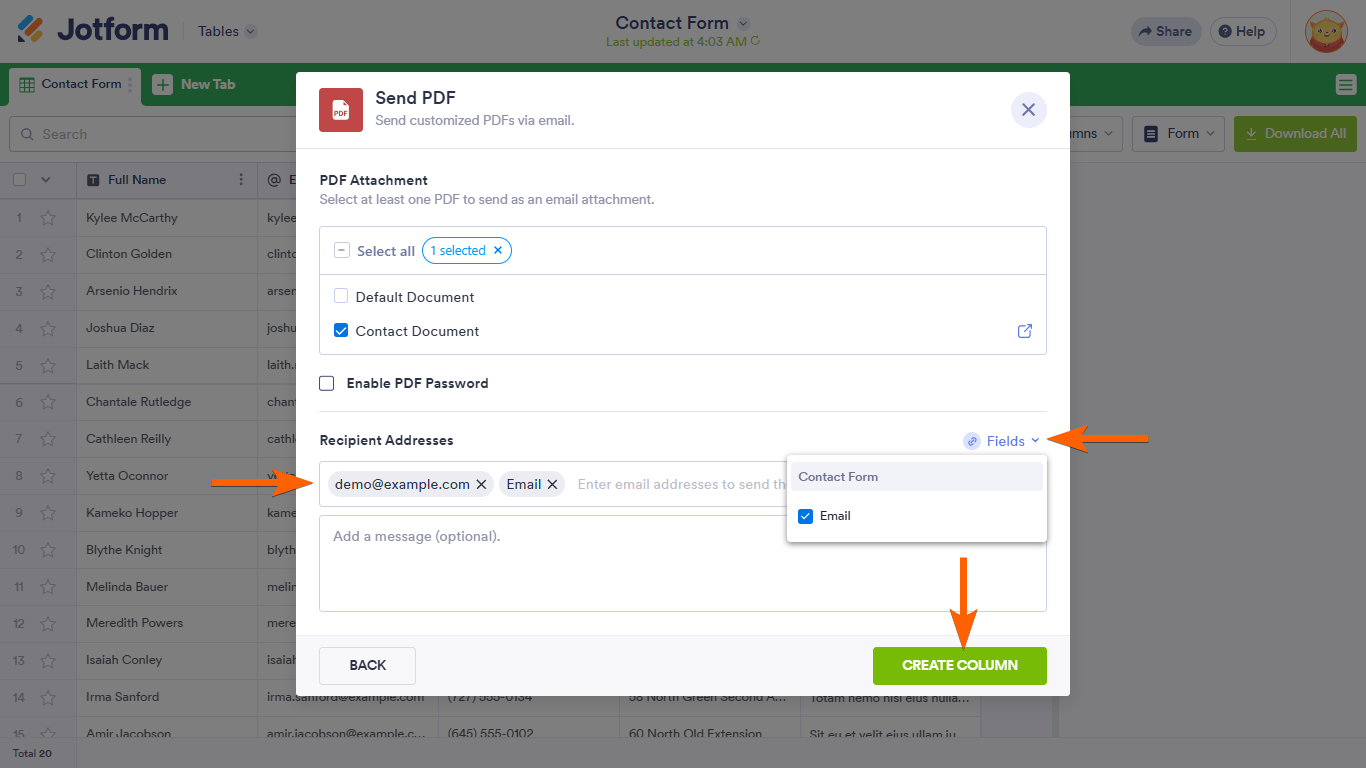 A Create Column button in a Jotform Tables Send PDF dialog