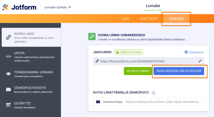 Jotform lomakkeen kenttien esitäyttäminen URL-parametreillä Image-1