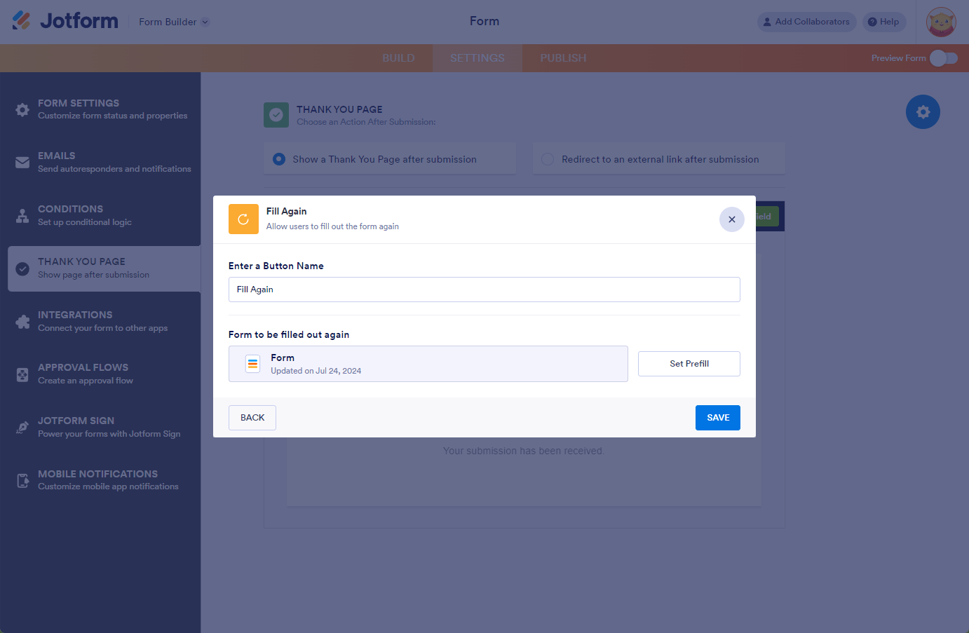 Fill Again options in the Thank You Page settings of the Jotform Form Builder