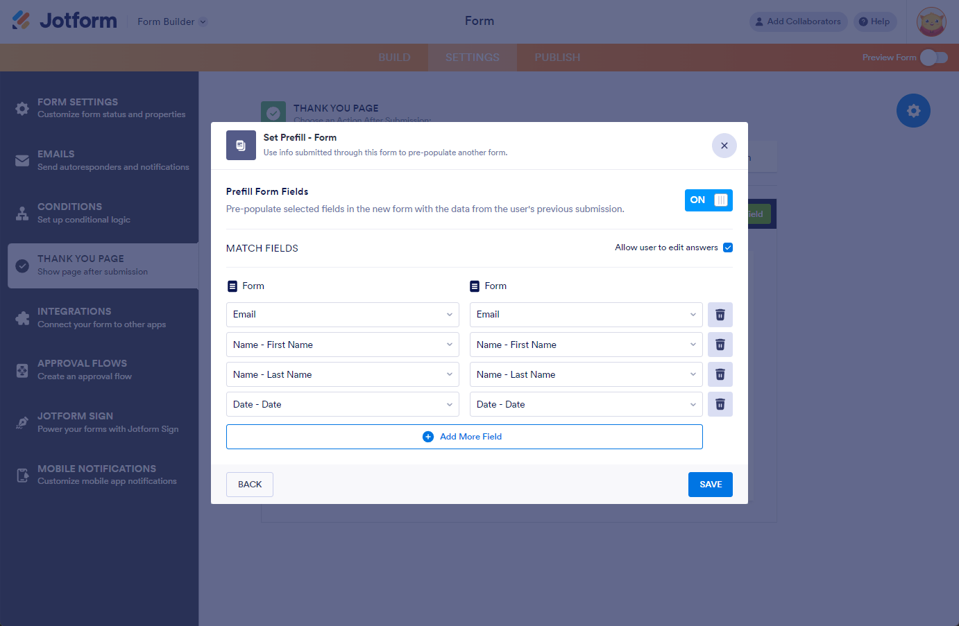Prefill options of the Fill Another Form action in the Thank You Page settings of the Jotform Form Builder