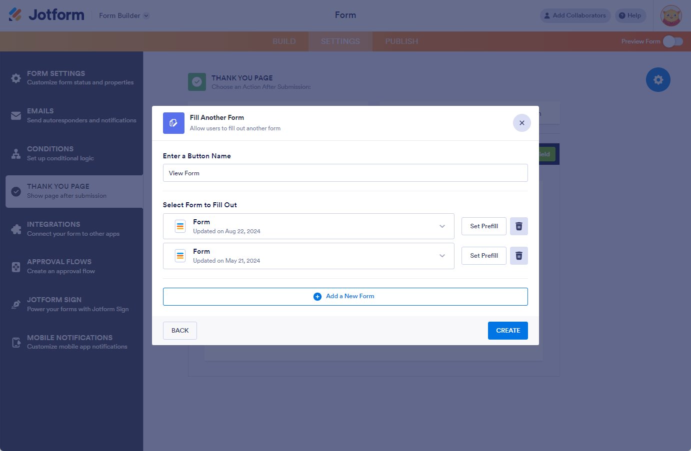 Fill Another Form options in the Thank You Page settings of the Jotform Form Builder