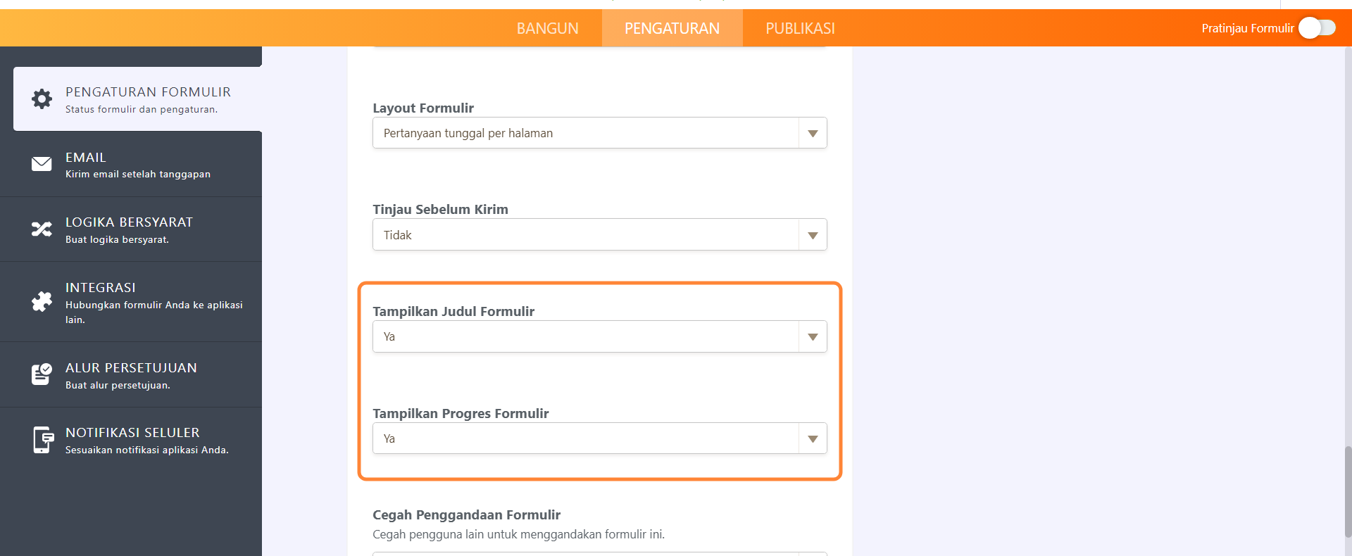 Tampilkan Judul Formulir dan Tampilkan opsi progres formulir di Pengaturan Pembuat Formulir