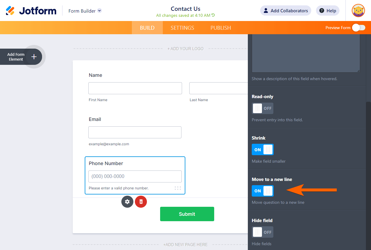 Move to a new line Toggle in Advanced Properties of the Element