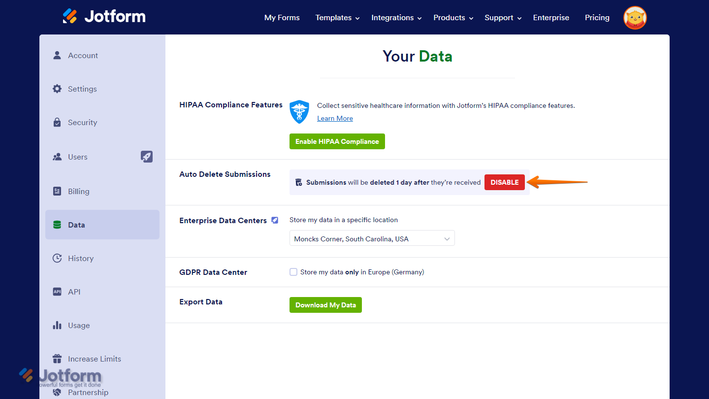 Settings page showing Auto-Delete Submissions enabled with Disable button in Jotform