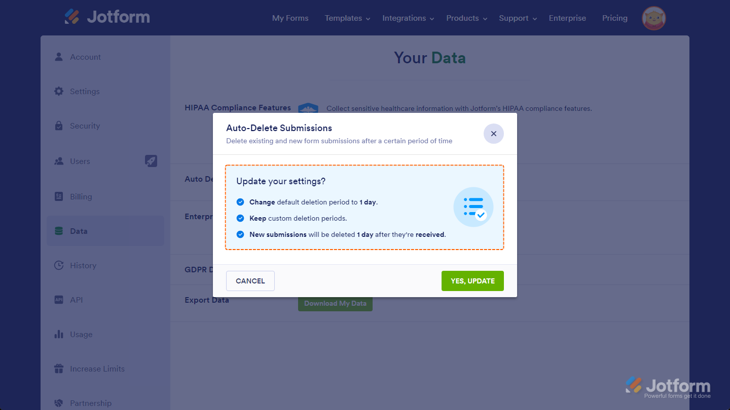 Auto-Delete Submissions window showing No Keep option for existing custom deletion periods in Jotform