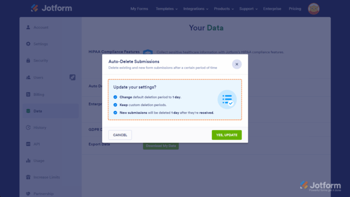 Auto-Delete Submissions window showing No Keep option for existing submissions in Jotform