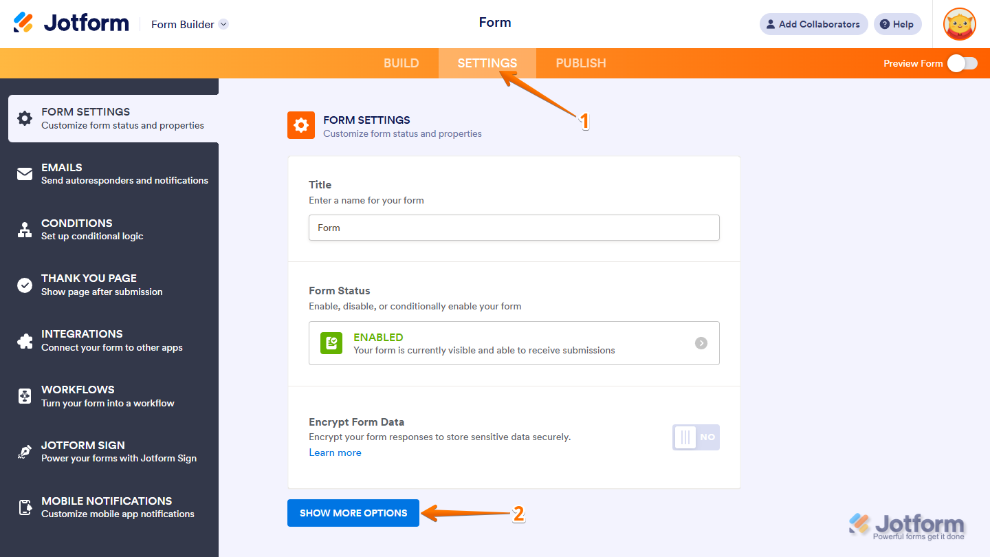 Jotform Form Builder Settings menu showing the option to access “Show More Options” for individual form settings