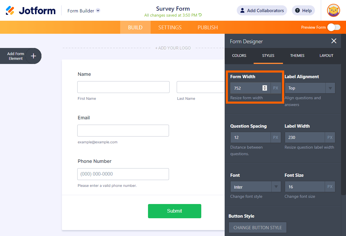 Form Designer - Form Width