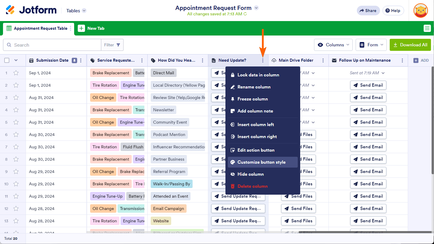 Customize button style option of the Action Buttons column menu in Jotform Tables