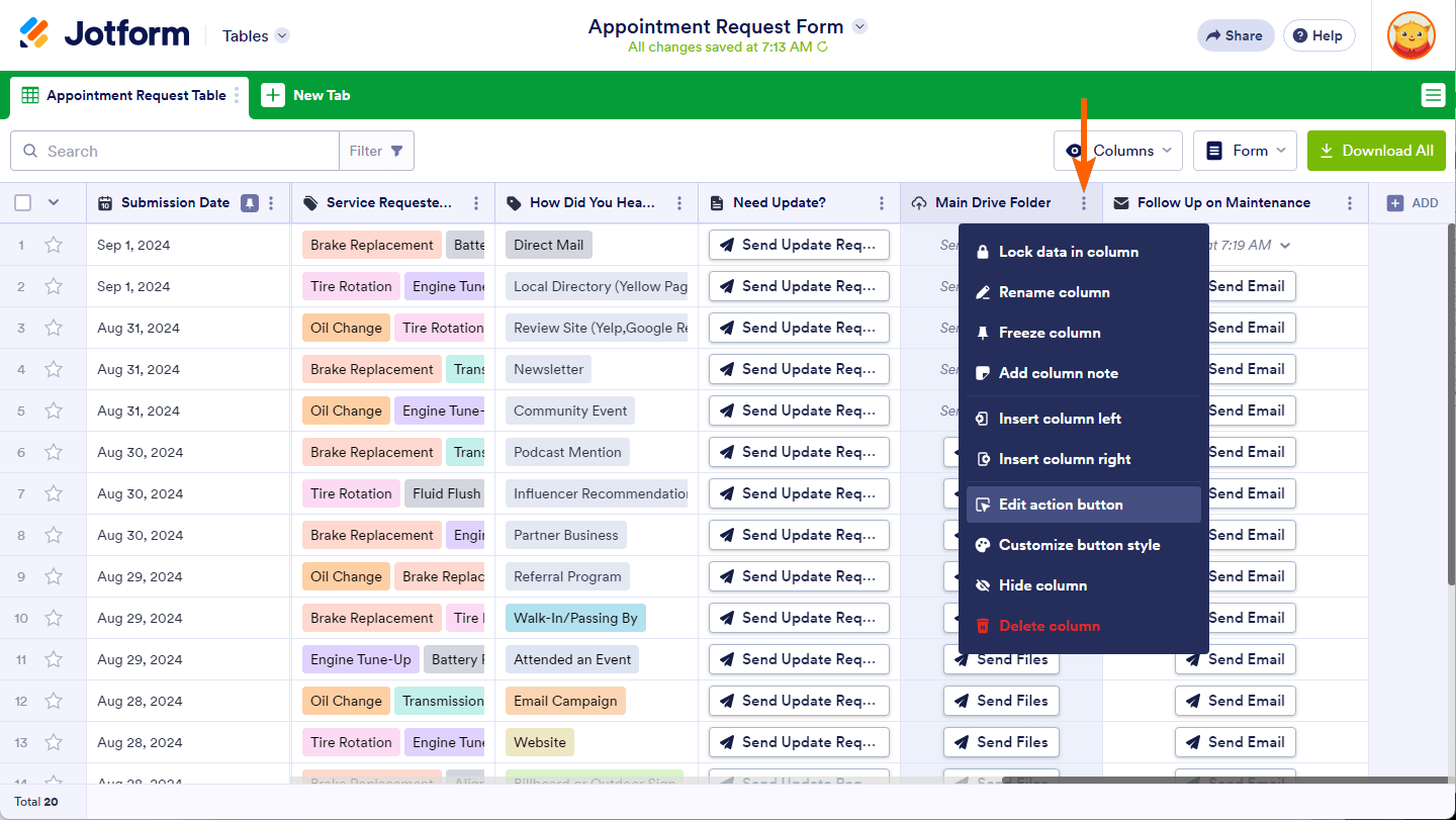 Edit action button option of the Action Buttons column menu in Jotform Tables