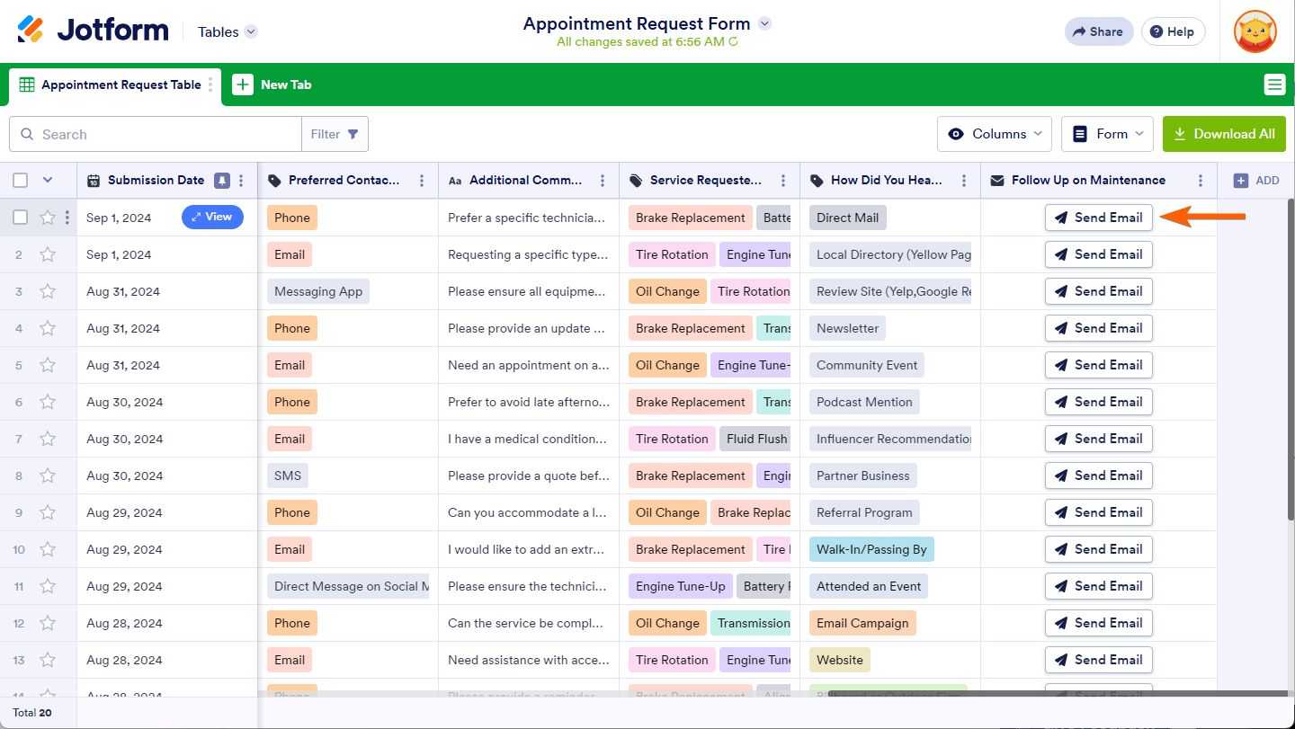 Send Email button under the Action Buttons column in Jotform Tables