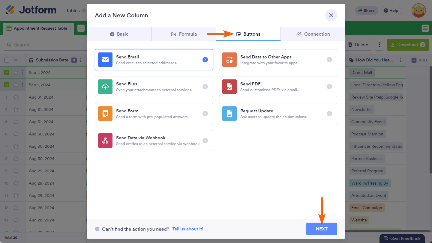 Actions on Buttons tab in the Add New Column window of the Jotform Tables