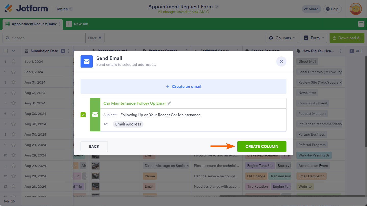 Create Column button in the Send Email window of the Jotform Tables